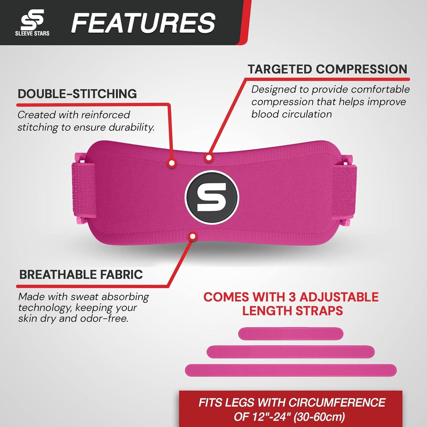 Sleeve Stars Patellar Tendon Support Strap - Effective Osgood Schlatter Knee Brace for Adults & Kids | Adjustable 12"-24" Hot Pink