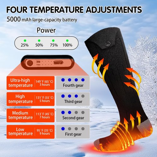 Heated Socks for Men - 5V5000mAh Rechargeable Battery Heat Up to 9 Hours/Foot Sole&Instep Heating/4 Heating Levels/Suitable for Winter Skiing Hunting Camping Hiking Cycling