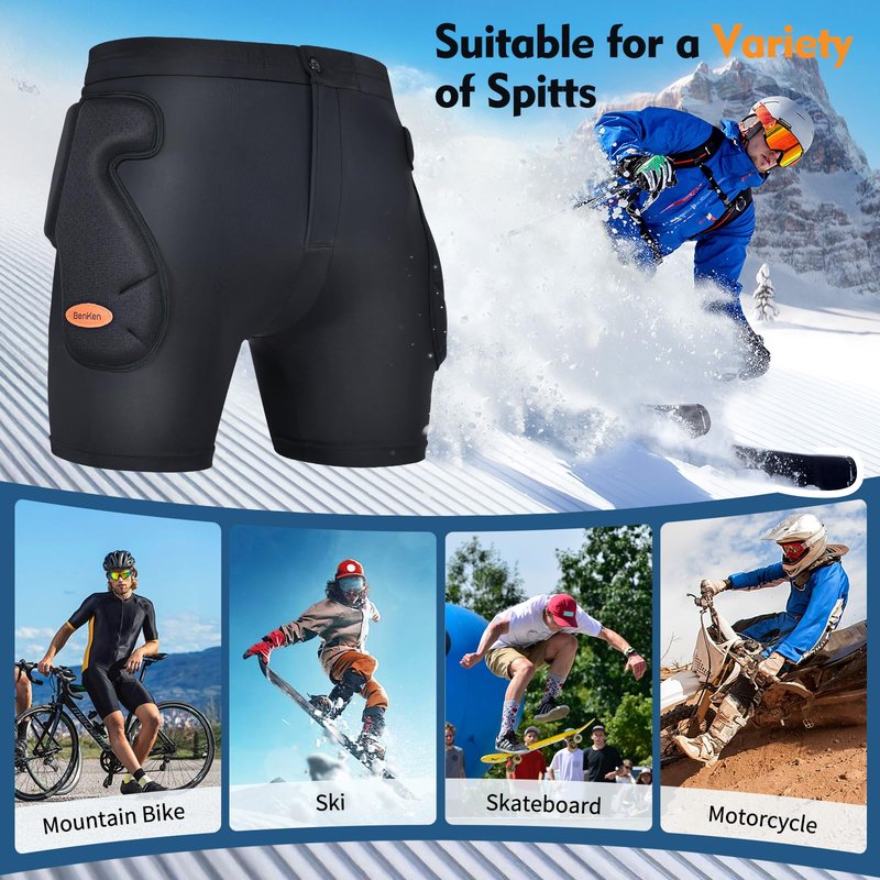 BenKen Ski Butt Protection Shorts - Anti-Collision Ski Protective Equipment, Impact Resistant Protective Padded Shorts, Stretch Lycra for Skateboarding, Skiing, Cycling, Men/Women (Small)