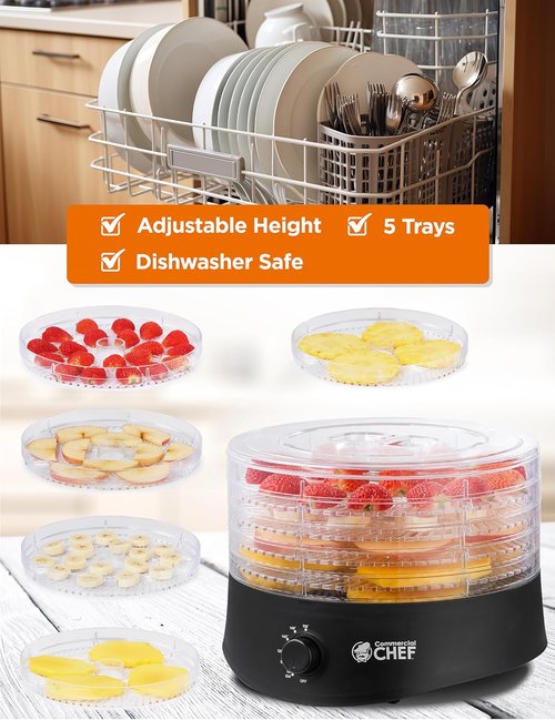 Commercial Chef Food Dehydrator - 280W Adjustable Thermostat, 5 BPA-Free Trays for Meat, Fruit & Veggies | Black