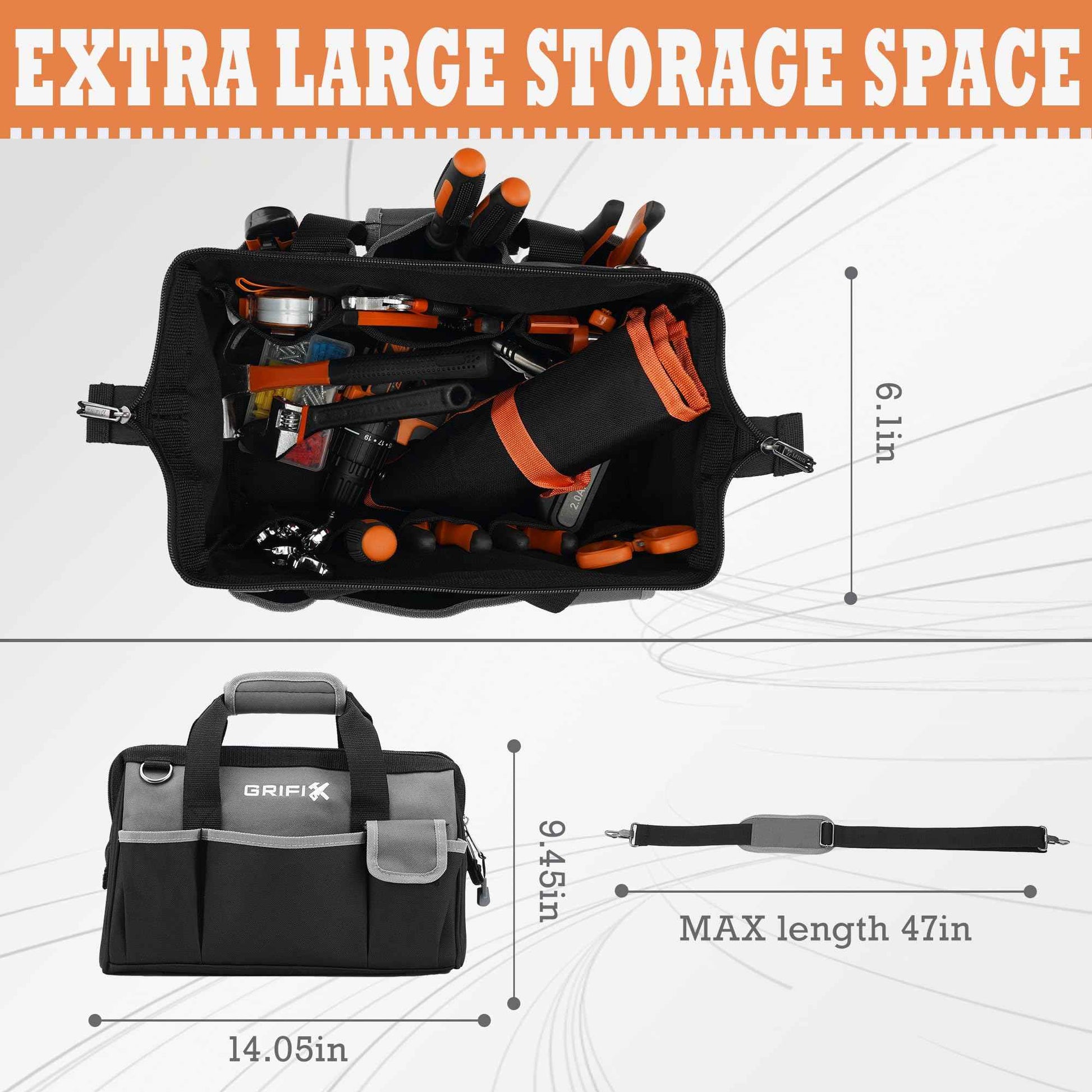 GRIFIX 14-inch Tool Bag, Portable Tool Box Organizer Storage, Wide Mouth Tool Tote Bag with Large Zipper, 14-Pocket Adjustable Shoulder Strap and Ergonomic Handle (14" Standard Base)