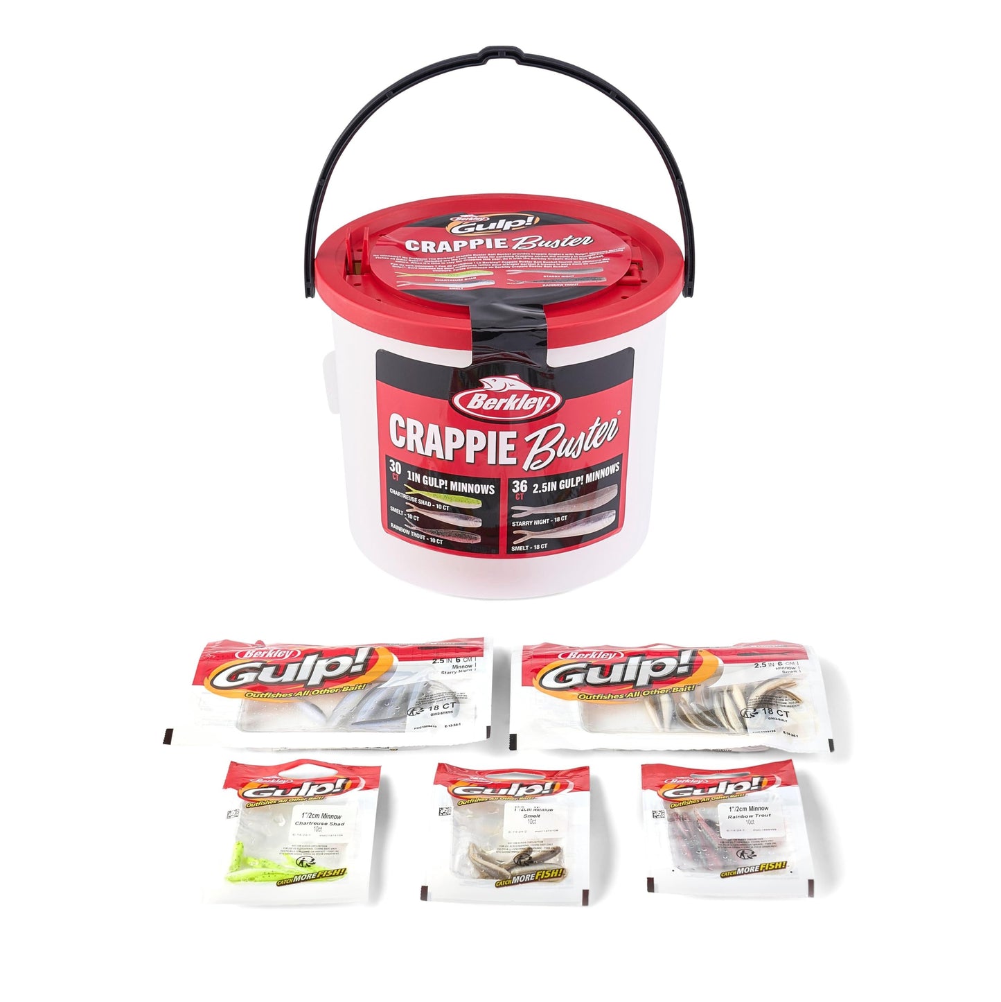 Berkley Crappie Buster Kit, 67 Piece Set Includes 3 Bags of Gulp! Minnows in 1.5”, 2 Bags of Gulp! Minnows in 2.5” and Bait Bucket