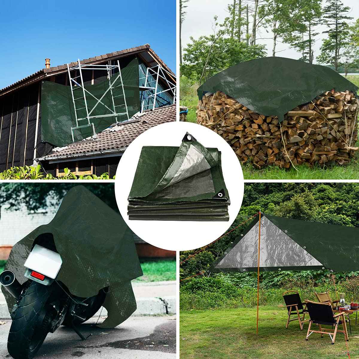 Onarway Poly Tarps Waterproof for Outdoor: Green Tarpaulin 6Mil Thicken 5x8 Ft 2Packs- Anti-UV Waterproof Tarp Cover with Grommets Multipurpose for Boat Pool Roof Camping