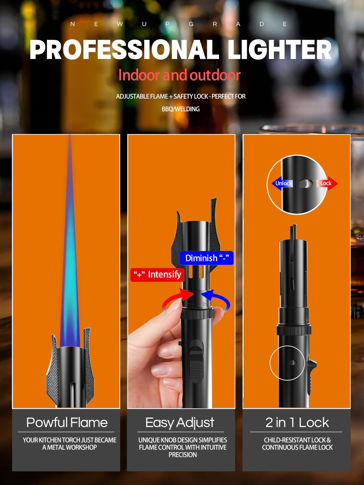 Windproof Torch Lighter Butane Refillable Jet Flame Butane Lighter for Cooking Fireplace Camping BBQ Lighters Gift for Man (Without Fuel) Black