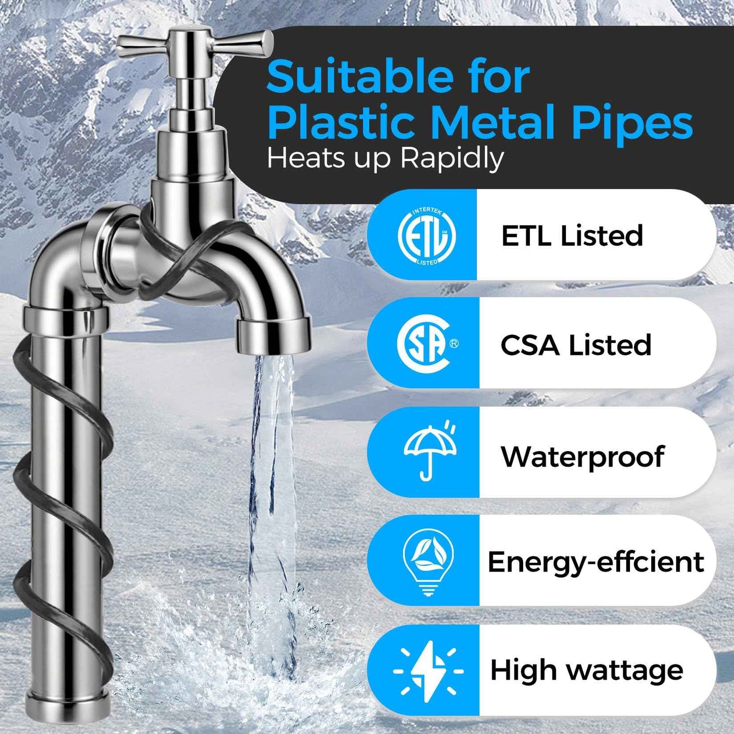 3FT~160FT Water Pipe Heat Cable for Pipe Freeze Protection, Pipe Heating Cable for Metal And Plastic Home Pipes, Energy-Saving Heat Trace Cable Keeps Water Flowing, 120V 5W/ft（50FT）