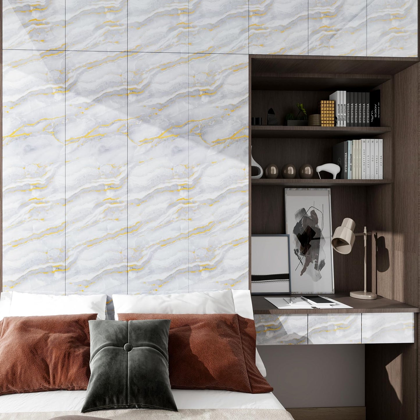 SOON AFTER Gold Marble Contact Paper Glossy Thick Peel and Stick Wallpaper Waterproof Self Adhesive Removable Wall Paper for Countertop Furniture Kitchen Bathroom. Modern Gold and White 15.7"x78.7"