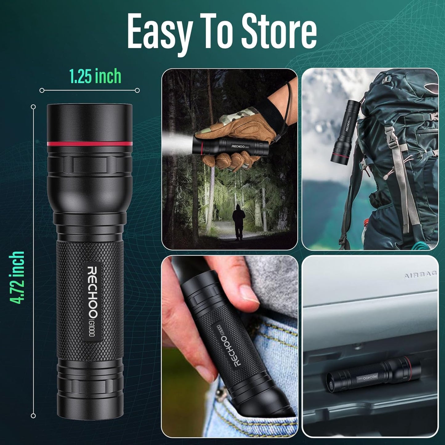 RECHOO Rechargeable Flashlights - Super Bright 1000 Lumens | 3 Lighting Modes, Compact 2-Pack for Camping & Home