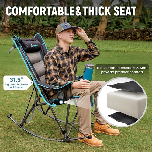 FUNDANGO Oversized Rocking Camping Chair - High Back Padded Folding Lawn Chair with Cup Holders & Carry Bag | Supports 440 lbs (Black)
