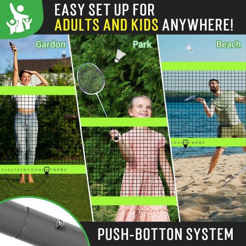 20ft Portable Outdoor Badminton Net Set for Driveway Backyard, Beach, Park with Durable Anti-Sag PE Net, Heavy Duty Steel Poles, 4 Badminton Rackets, 3 Shuttlecocks and 600D Carry Bag