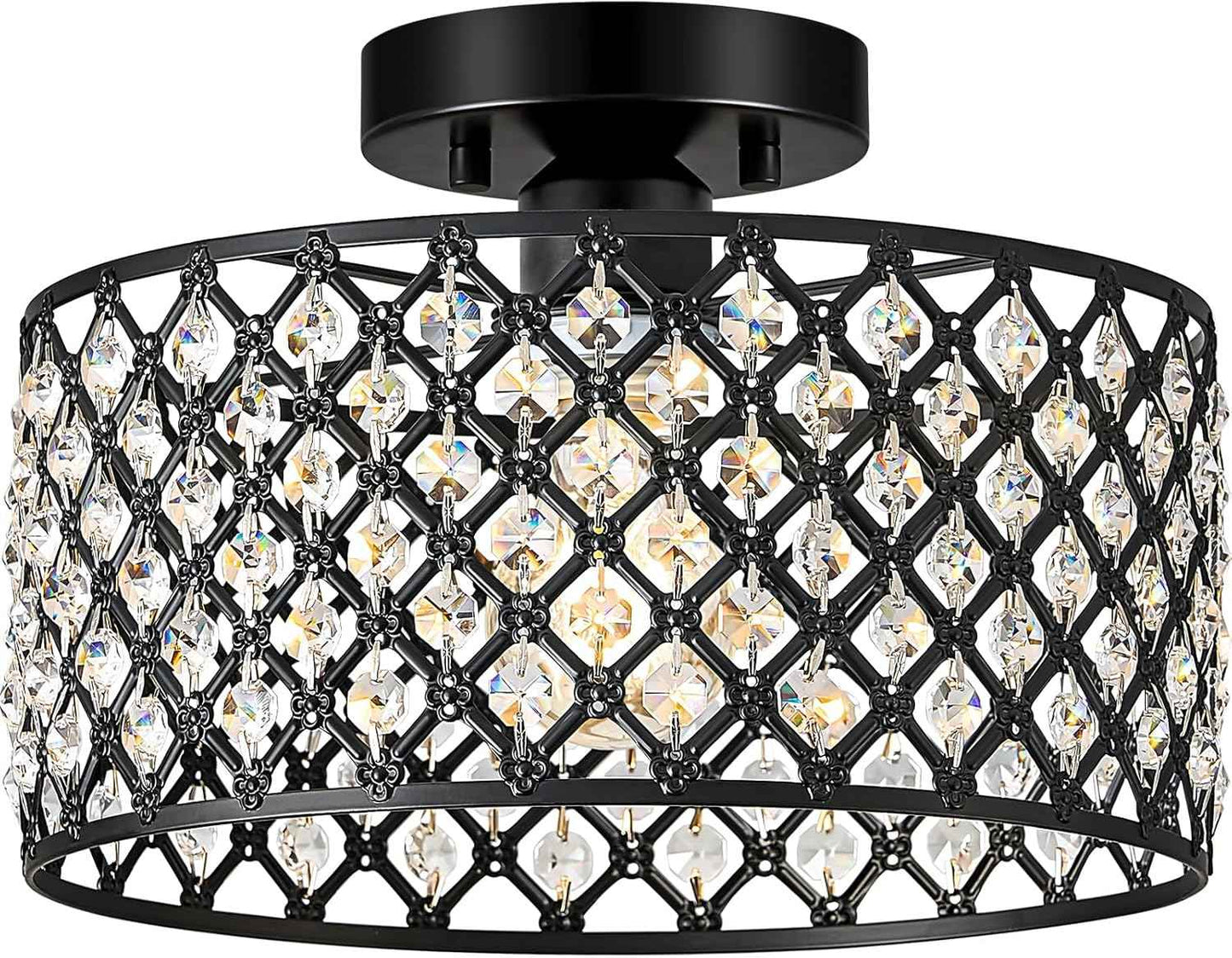 Modern Black Crystal Semi Flush Mount Ceiling Light Fixture - 11.2" Round Chandelier for Dining Room, Hallway, Kitchen & Bedroom