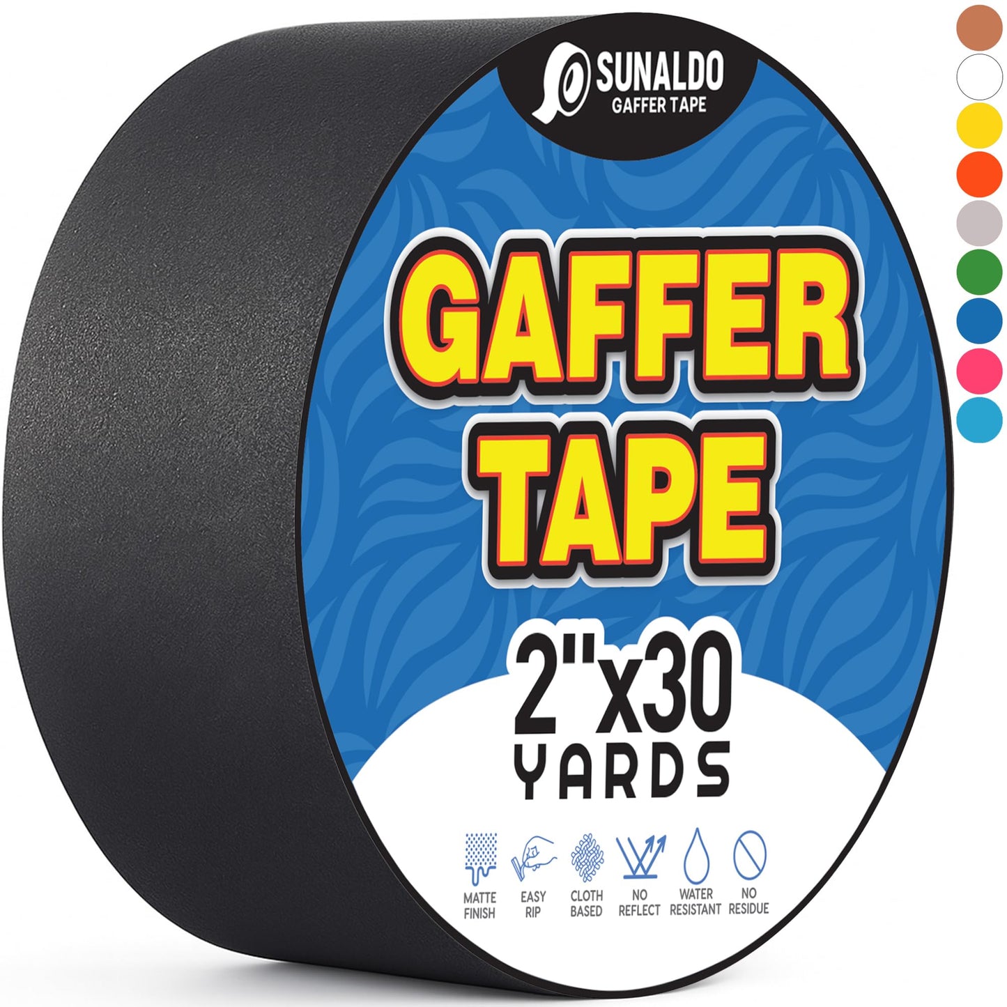 SUNALDO Gaffers Tape Heavy Duty, Easy to Rip, Residue-Free Professional Grade Floor Tape for Electrical Cords, Matte Finish Non Reflective, Weather Resistant (1, Black, 2" x 30 Yards)