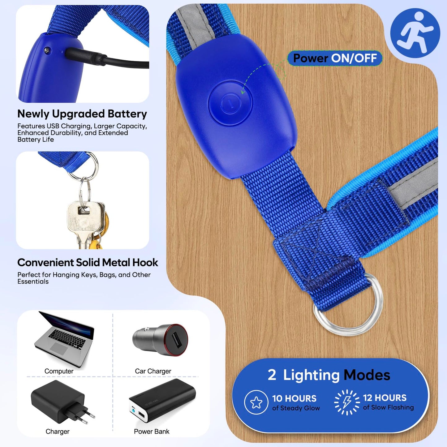 LED Reflective Running Sash for Men & Women – Rechargeable Flashing Safety Light for Night Jogging, Cycling, Hiking, Walking – High Visibility Reflective Gear (Blue)