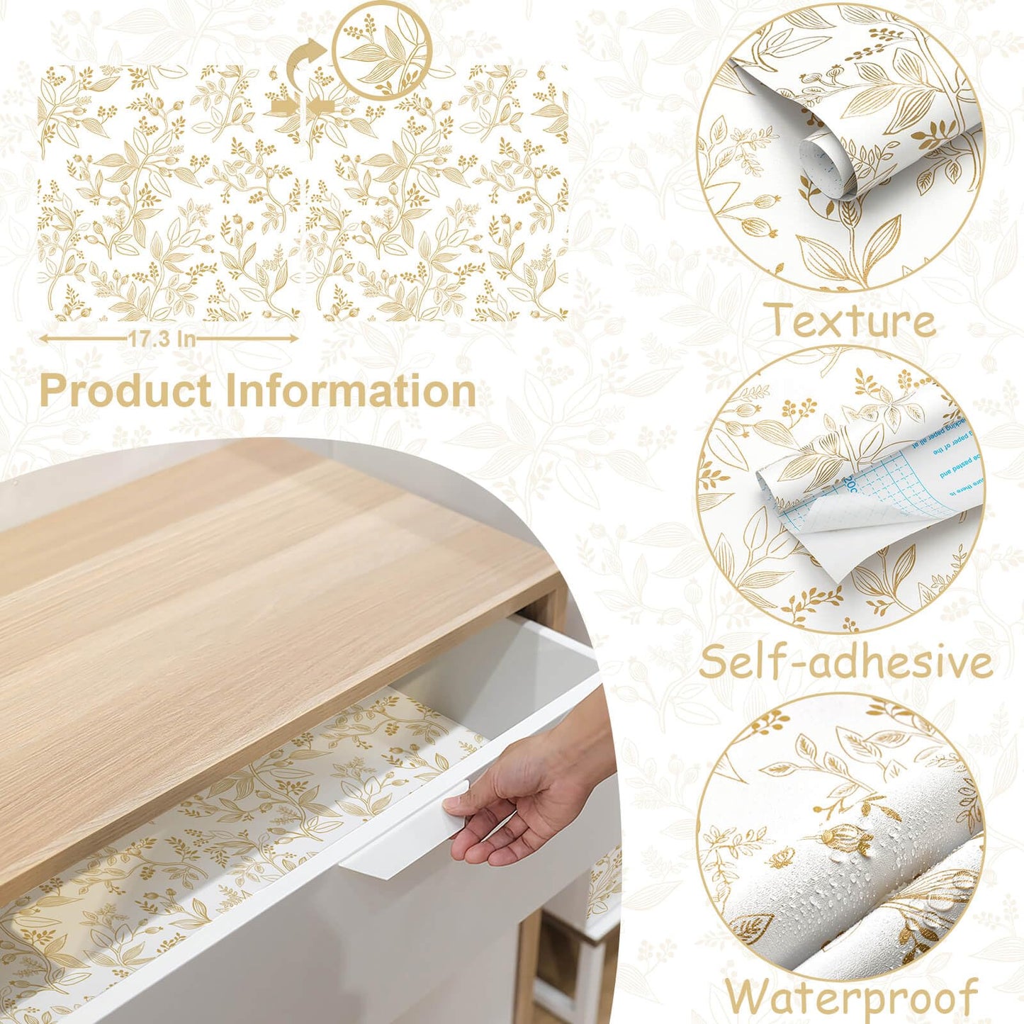 Heroad Floral Wallpaper Peel and Stick White and Gold Contact Paper Modern Removable Contact Paper for Cabinets and Drawers Bathroom Vinyl Roll Self Adhesive 78.7" x 17.3"