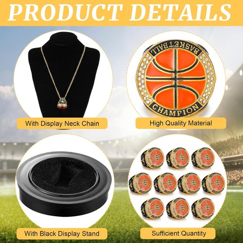Highergo 10 Pcs Trophy Rings Set - Softball, Baseball, Basketball & More | Display Stand Included