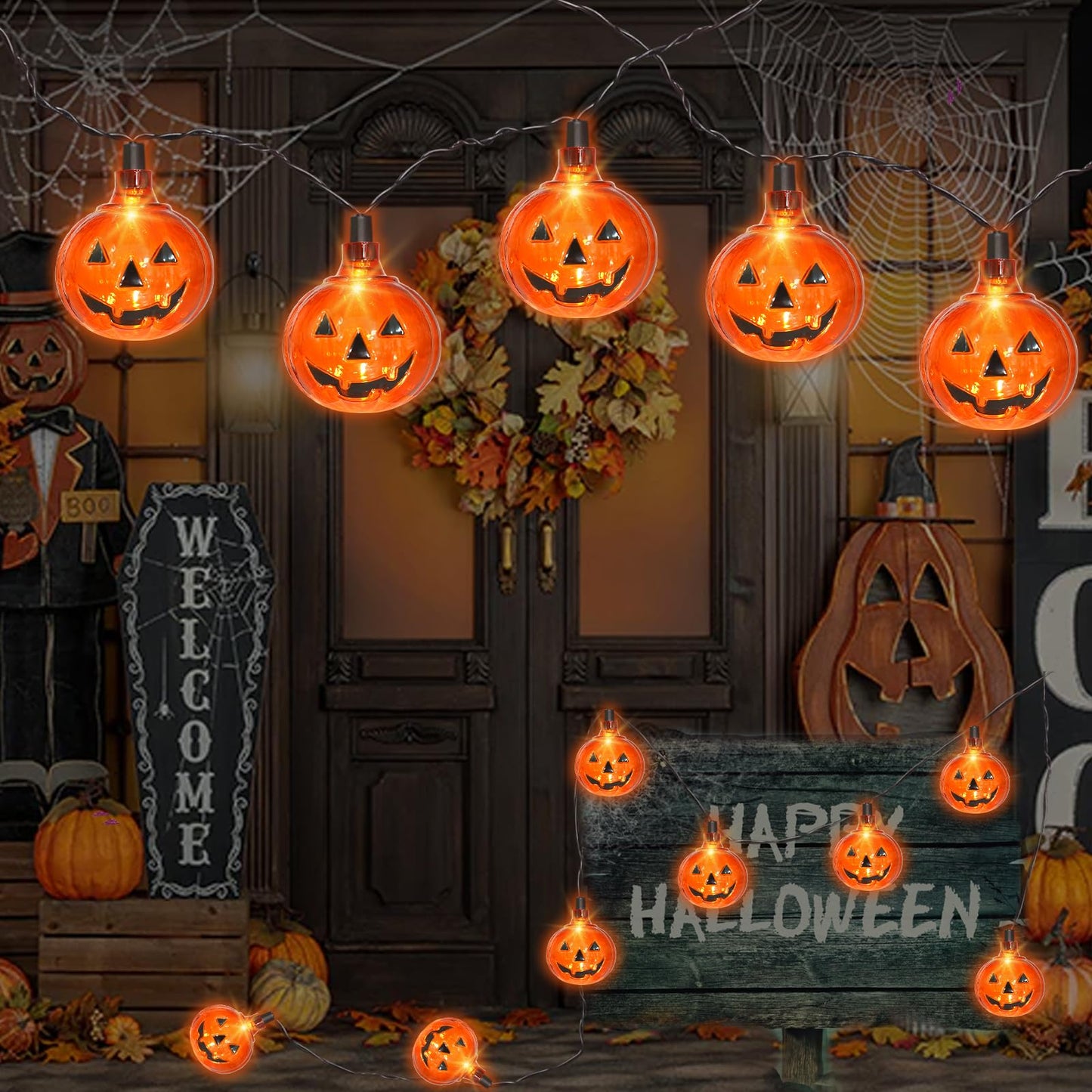 Couah Halloween Pumpkin LED String Lights, 8.5Ft Jack O Lantern Lights with 10 PCS Pumpkins Plug-in Waterproof for Outdoor Indoor Home Decorations