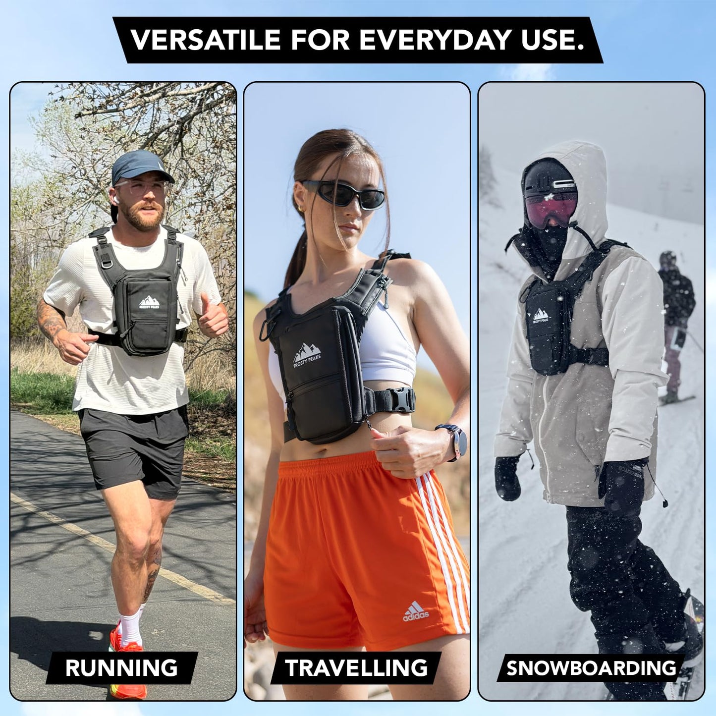 FROSTY PEAKS Chest Pack for Hiking, Skiing, Running & Travel, Minimalist Chest Rig Bag with Easy-Access Phone Pouch, Dual-Access Pocket, Card & Cash Slot, Adjustable Vest Pack for Men & Women