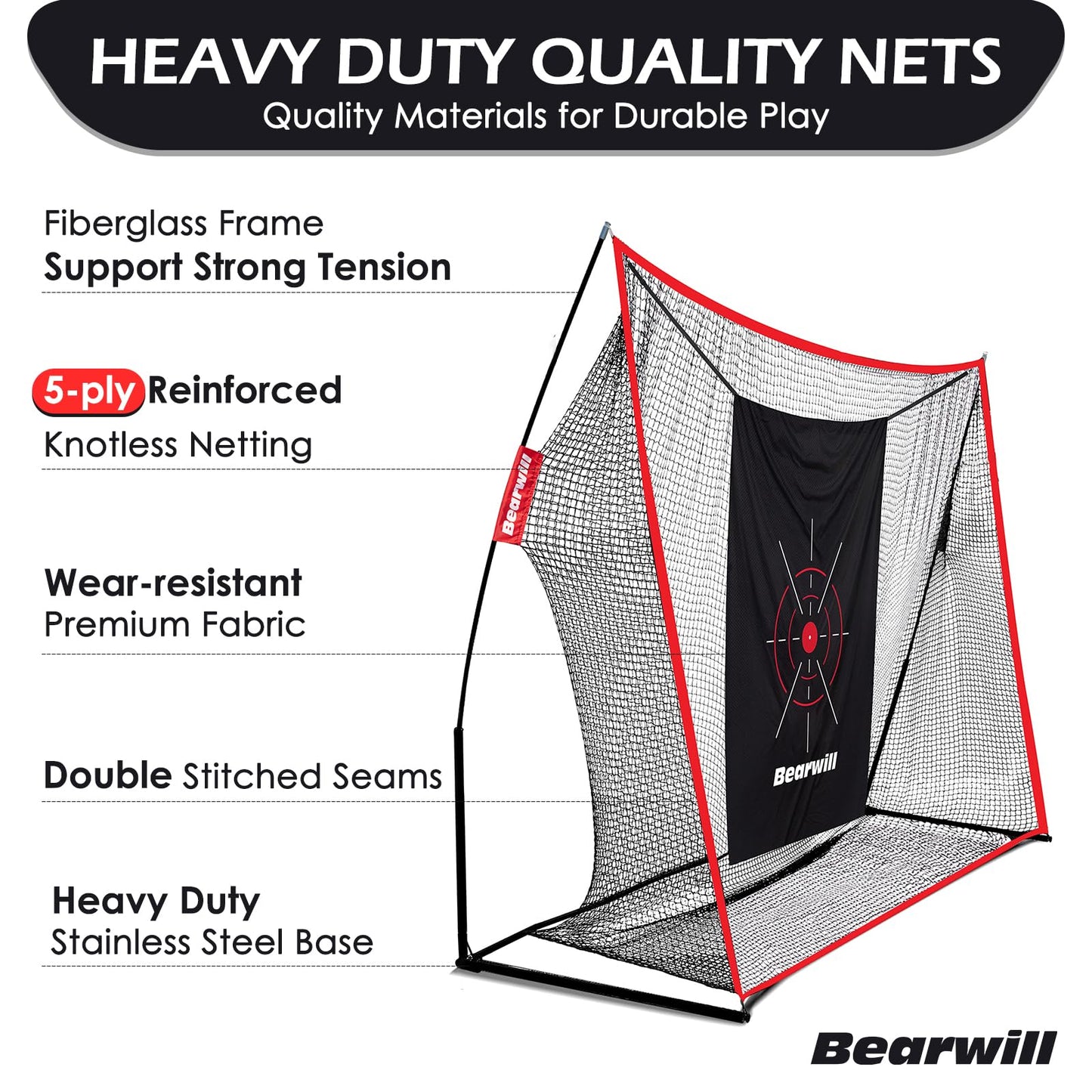 Bearwill Golf Net, 10x7ft Heavy Duty Golf Practice Nets with Mat, Target Cloth, 7 Tees, 6 Balls, Carry Bag for Backyard Driving Chipping Indoor Outdoor Training