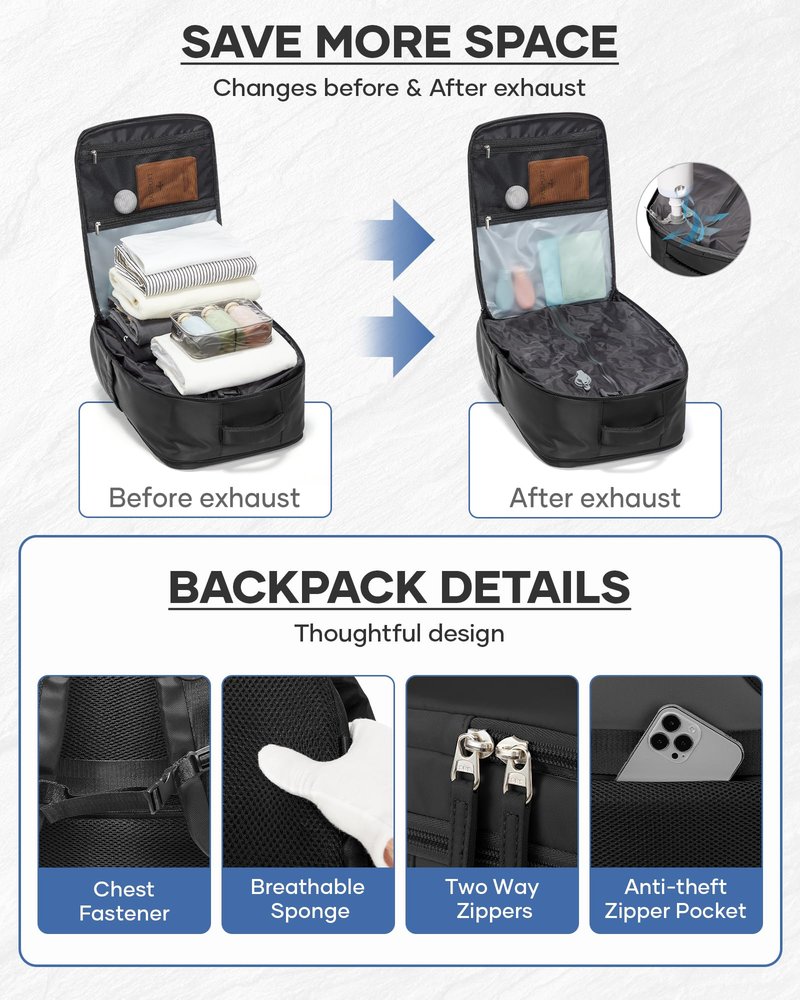 bergsalz Vacuum Backpack Travel With Pump,Mochila De Viaje Compresion Al Vacio,Personal Item Travel Backpack With Vacuum System,Large Carry On Vacpack Backpacks For Women Men,Black