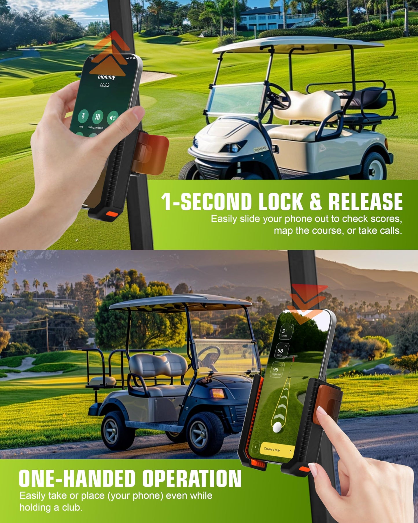 XEEP Golf Cart Phone Holder Mount, 3s Phone Clip Install, 1s Lock & Release, 360° Rotation Golf Phone Holder Compatible with EZGO/Club Car/Yamaha, Golf Cart Accessories for All 4.5-7"