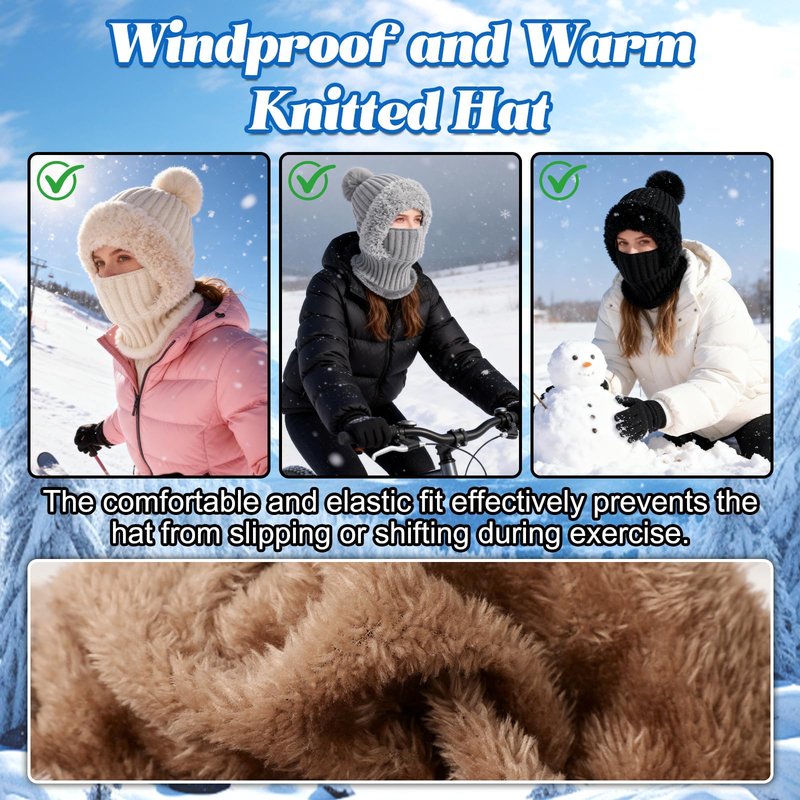 3 in 1 Beanie Hat for Women, Upgrade 3 in 1 Beanie Hat with Scarf and Mask, Fall Winter Warm and Windproof Knitted Ski Scarf and Mask Set, Thick Plush-Lined (Black)