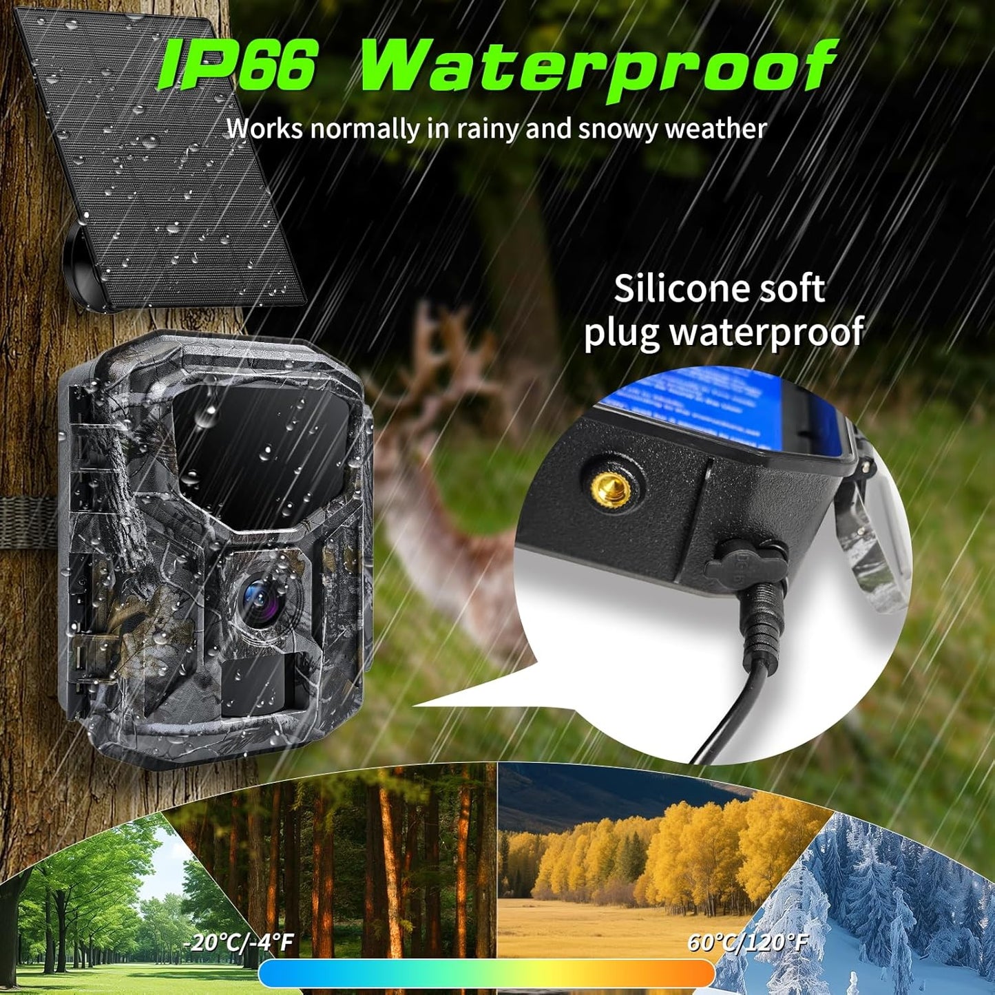 Trail Camera - Solar Powered 4K 60MP WiFi Game Camera with 0.1s Trigger & 65FT Detection | IP66 Waterproof