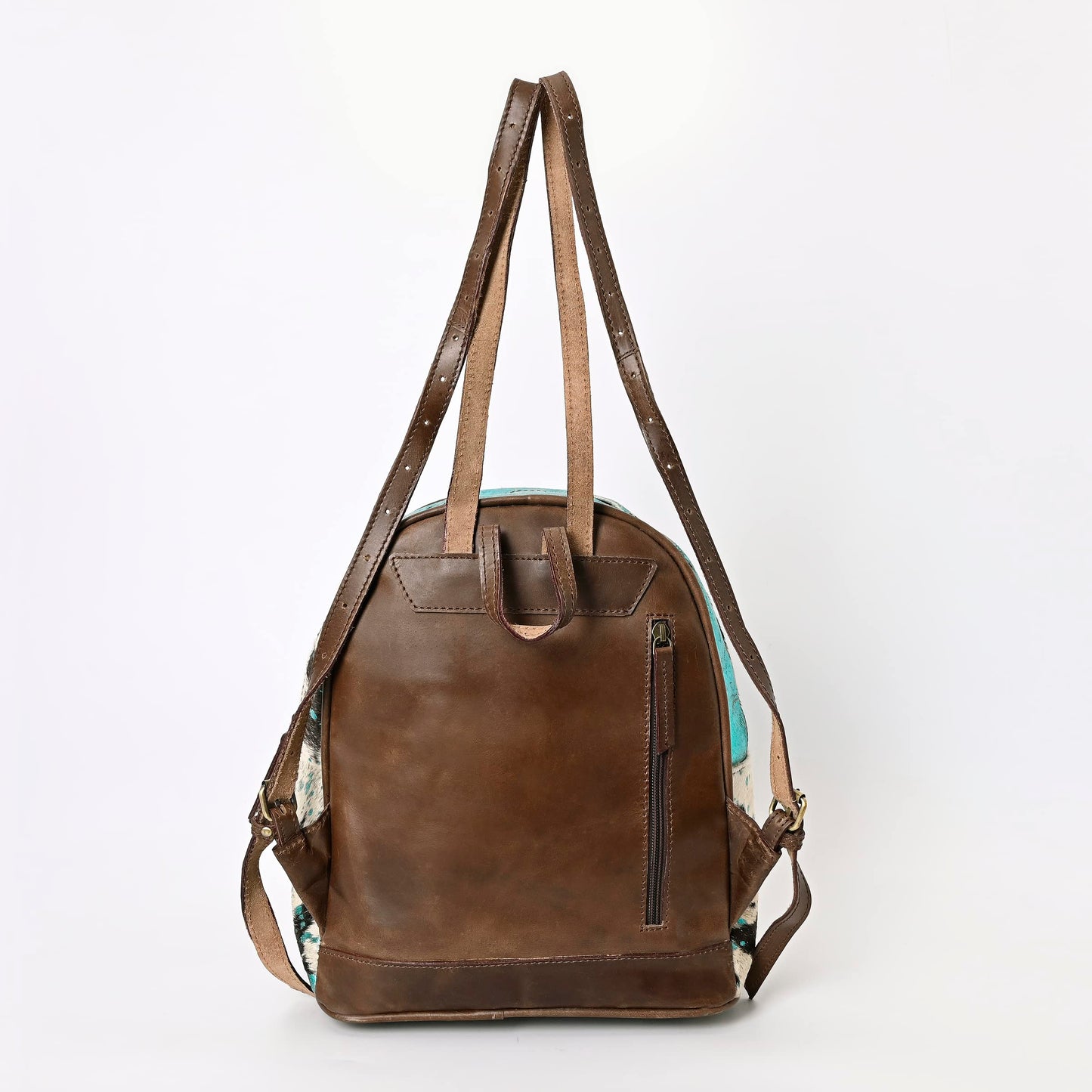 Merbaa Handmade Cowhide Leather Cotton Lining Zipper Closure Fashion Backpack For Women With Eagle Tooling Patch in Front, Teal Blue