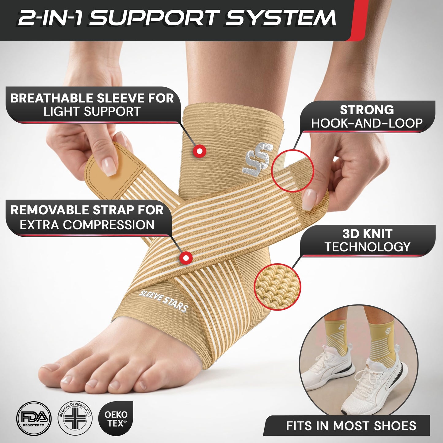 Sleeve Stars Ankle Brace for Women & Men, Ankle Wrap for Sprain, Compression Sleeve for Plantar Fasciitis Relief, Easy Customizable Support: w/ Removable Strap (Pair/M:10"-12"/Beige)