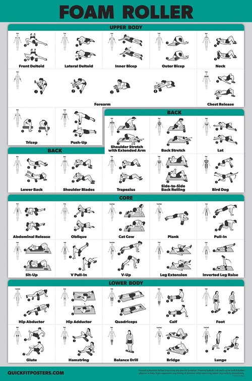 QuickFit 10 Pack - Exercise Workout Poster Set - Foam Roller, Dumbbell, Suspension, Kettlebell, Resistance Bands, Stretching, Bodyweight, Barbell, Yoga Poses, Exercise Ball (LAMINATED, 18" x 24")