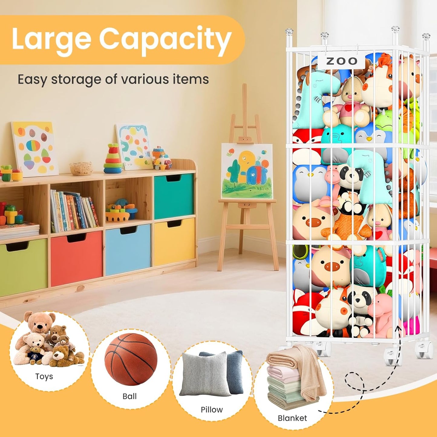 TomCare Extra Large Stuffed Animal Storage - Space-Saving Organizer with 4 Lockable Wheels for Playroom/Bedroom