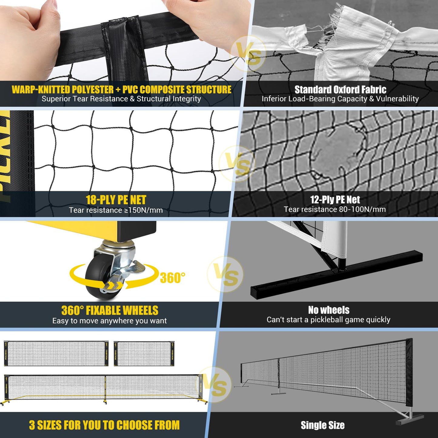 Pickleball Set Net with Wheels, Portable 3in1 Pickle Ball Net with Carry Bag- 3 Size Options, Designed for All Weather Conditions, Steady Metal Frame & Take Down for Practice & Games (Black&Yellow)