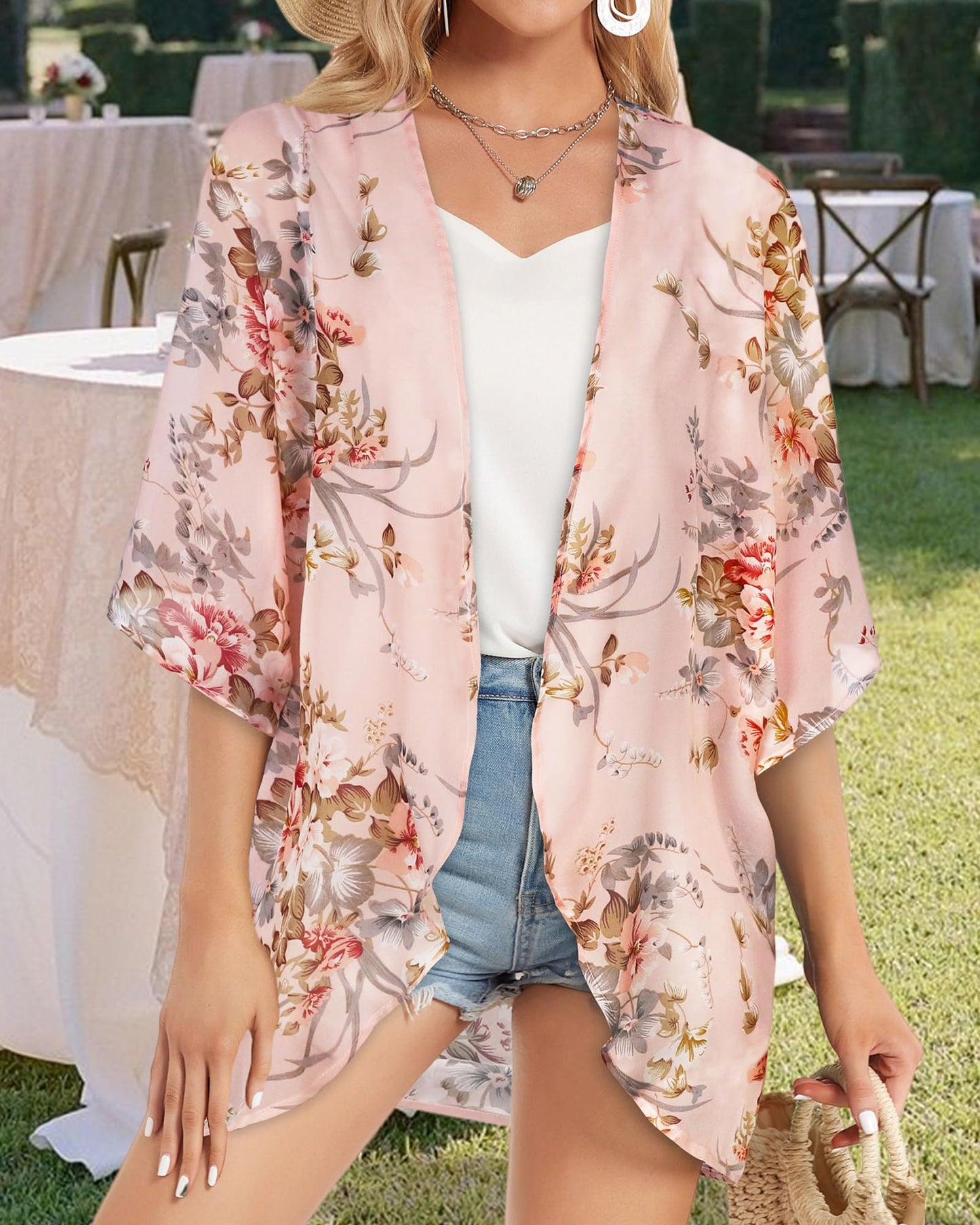 Womens Kimono Cardigans Floral Tops Sheer Beach Cover Ups Chiffon Open Front Thin Jacket Shirts （Pink Flowers,L)