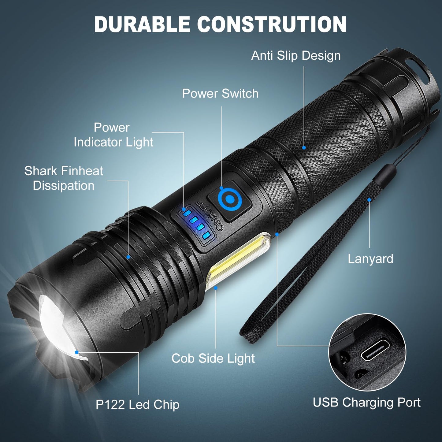 Cinlinso Rechargeable LED Flashlights High Lumens 2 Pack, 90000 Lumen Super Bright Flashlight, 7 Modes with COB Work Light, IPX7 Waterproof Powerful Flash Light for Home, Camping, Emergencies