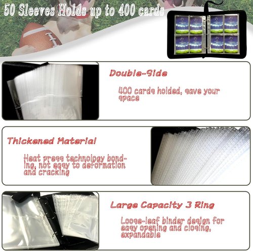 Football Card Binder - 400 Pockets with 50 Removable Sleeves | 3 Ring Zippered Collector Album