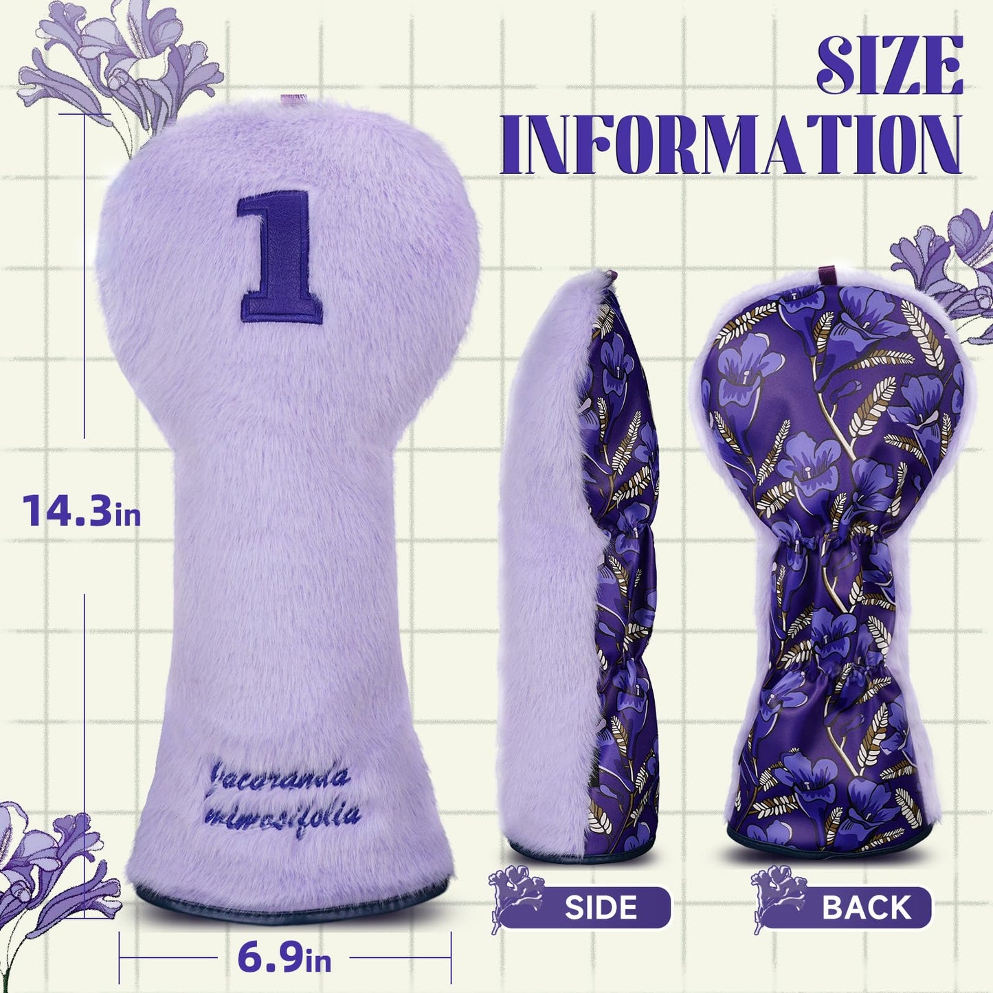 Purple Golf Driver Head Cover Front Plush Back Leather Printing Jacaranda Driver Headcover for Women Lady