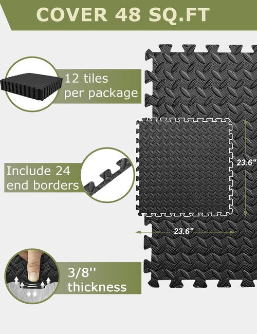 innhom Gym Flooring Gym Mats Exercise Mat for Floor Workout Mat Foam Floor Tiles for Home Gym Equipment Garage, 12 Black