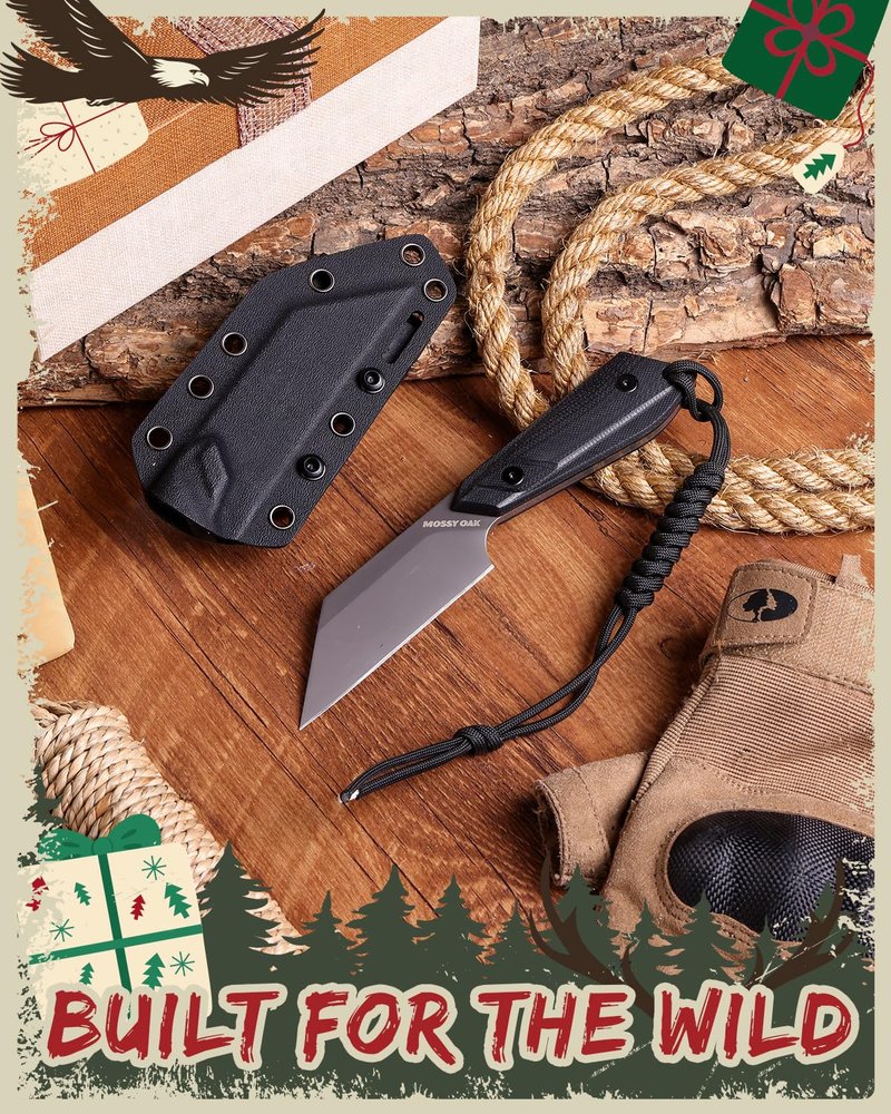Mossy Oak 7.5 Inch EDC Fixed Blade Knife with Kydex Sheath, 14C28N Full Tang Camping Knife with Emergency Rope, G10 Handle for Survival, Hunting, Camping, Hiking