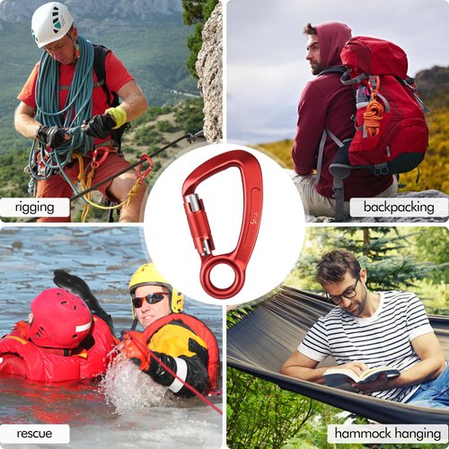 T-Fly Auto Locking Carabiner 35KN (7868 lbs), UIAA Certified 5.4" Climbing Rock Carabiner with Round Eyelet for Rappelling, Climbing, Ropes (Red)