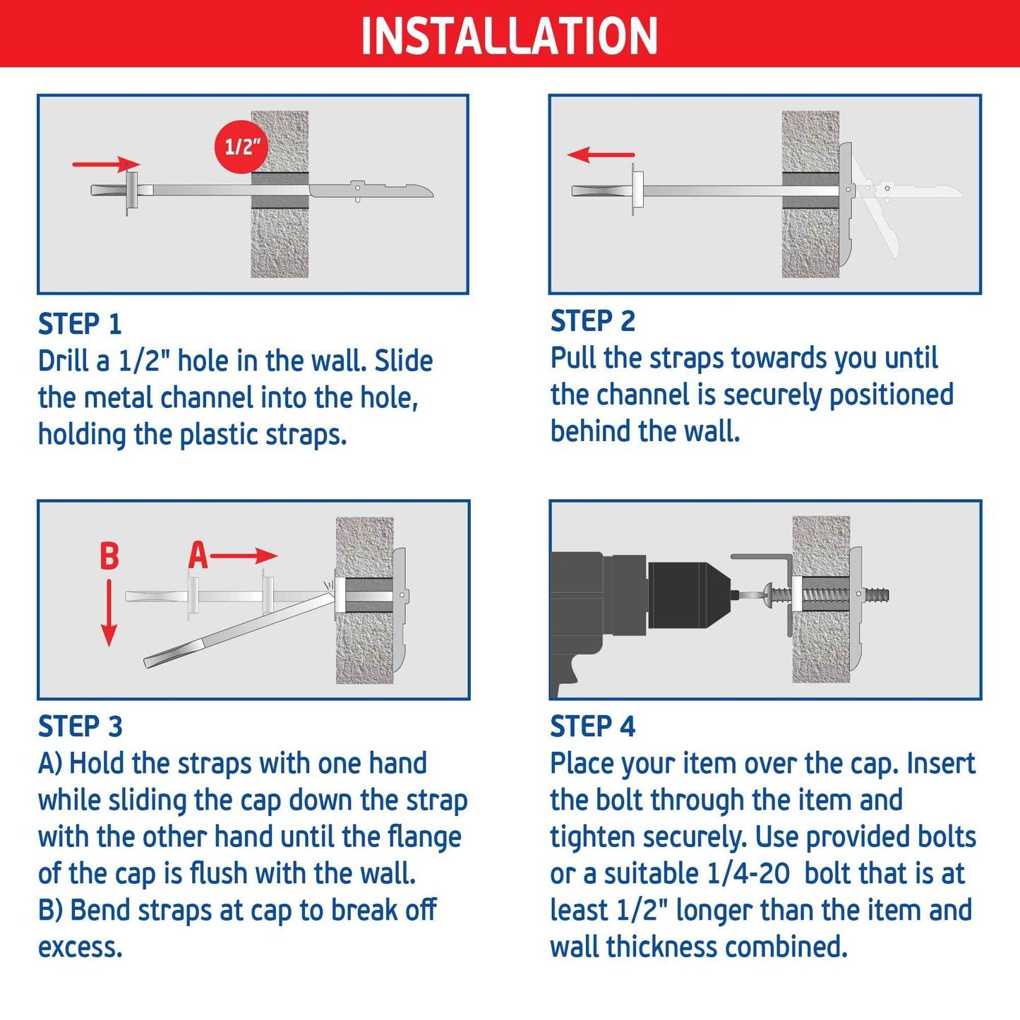 1/4" Heavy Duty Master Toggle-Bolt Strap Anchors (20 Pack) w/ 20 Steel Threaded Studs, 3/8" to 3-5/8" Grip Range, for 1/4"-20 UNC Fastener Size - 240lb in 3/8-1/2" & 300 lb in 5/8" Holding Strength