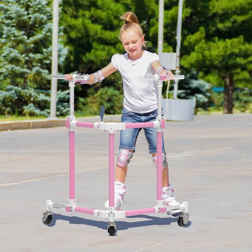 GanFindX Folding Skater Aid for Kids Roller Skating, Aluminum Roller Skate Trainer for Children Toddler Adjustable Height Training Walker (Pink