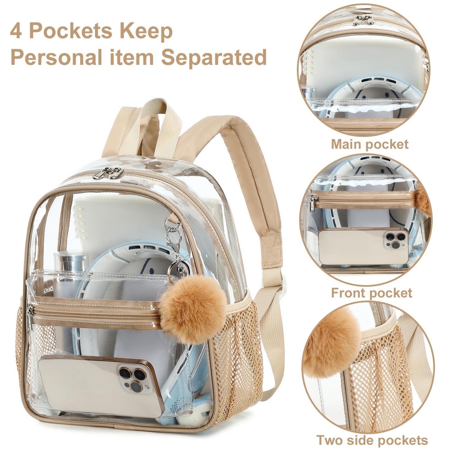 BTOOP Mini Clear Backpack for Stadium Events, 12 x 9 x 5 Inch Transparent PVC Bookbag, Fits Within Common 12x12x6 Stadium Bag Limits, for Concerts, Festivals, Women and Teens