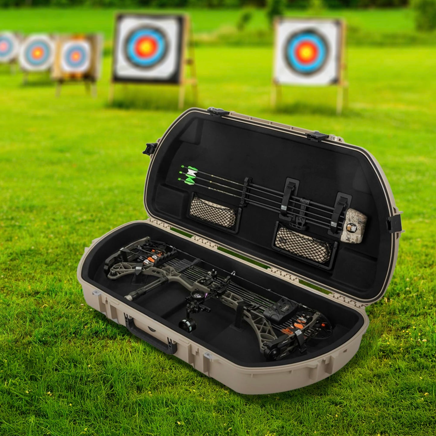 SKB Hard Protective Storage Case for Archery Bow and Arrows, iSeries Shaped Bow Case, Tan - Quiver Holder and Gear Box for Hunting Accessories