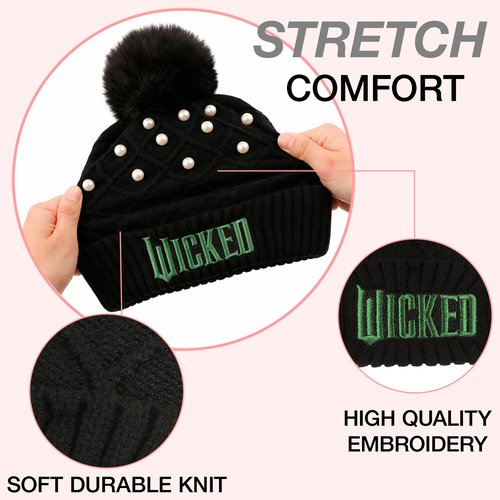 Bioworld Wicked Logo & Pearl Appliques Black Cuff Beanie
