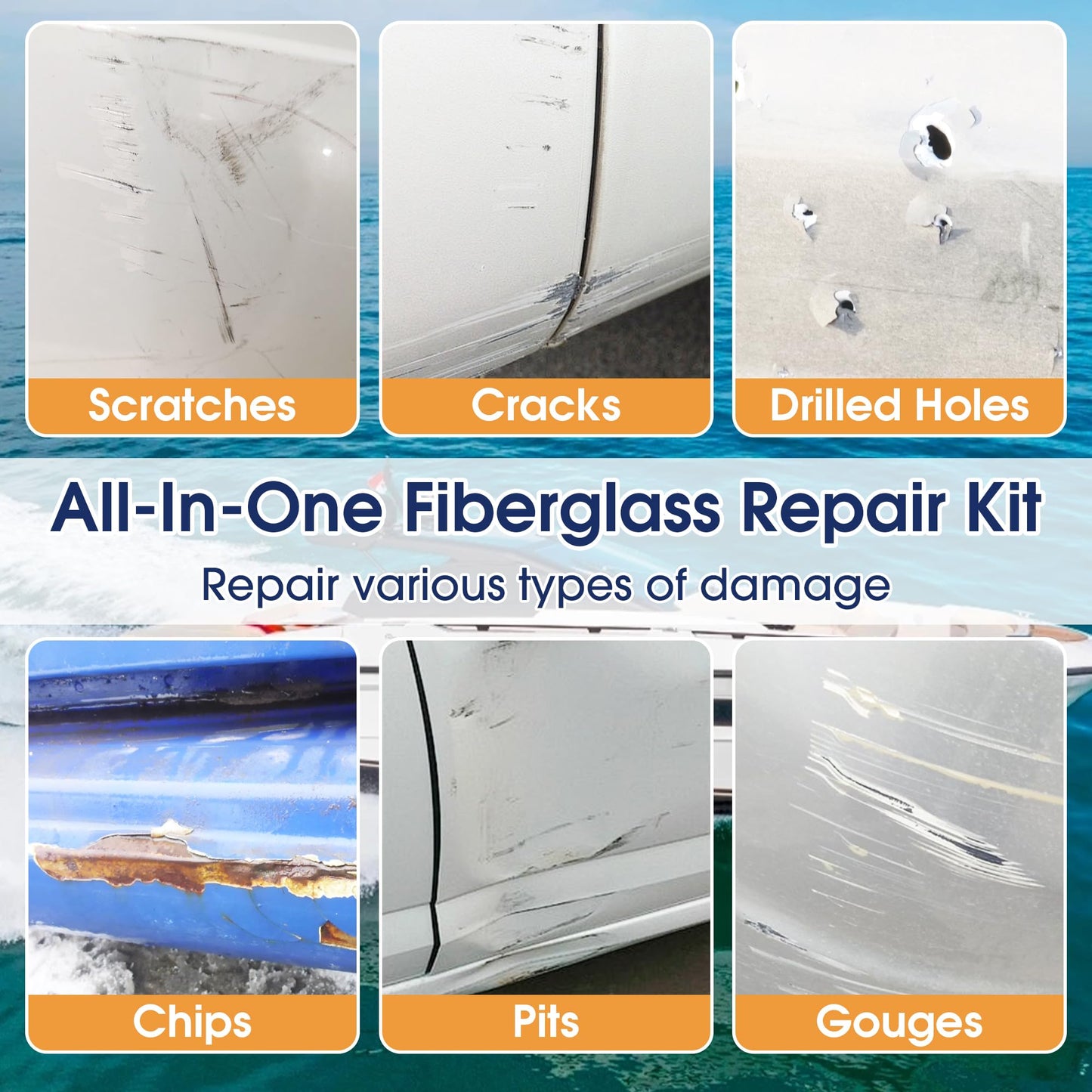 MOSAMNI Gel Coat Repair Kit for Boats (Color Match), Marine Fiberglass Gelcoat Repair Kit for Boats Fixes Holes Chips Pits Cracks Dents Scratches on Fiberglass, Acrylic, Porcelain