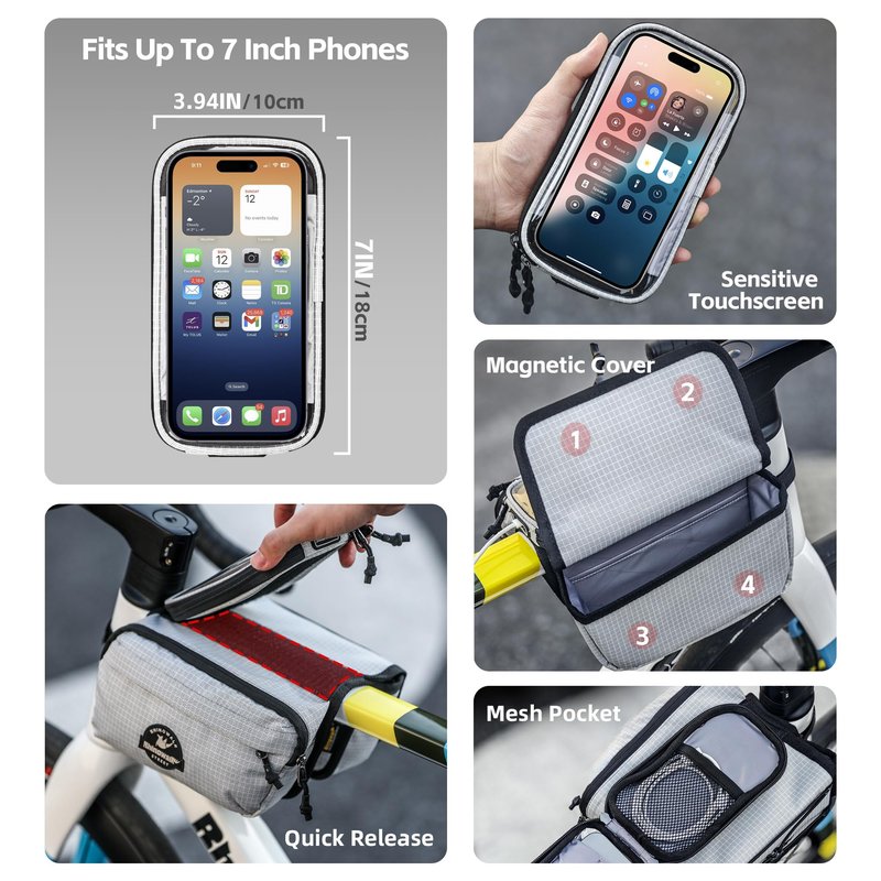Rhinowalk Bike Top Tube Bag with Touch Screen Phone Pouch - Bicycle Frame Bag with Phone Holder, Double Side Pannier Zipper & Magnetic Closure (Black)