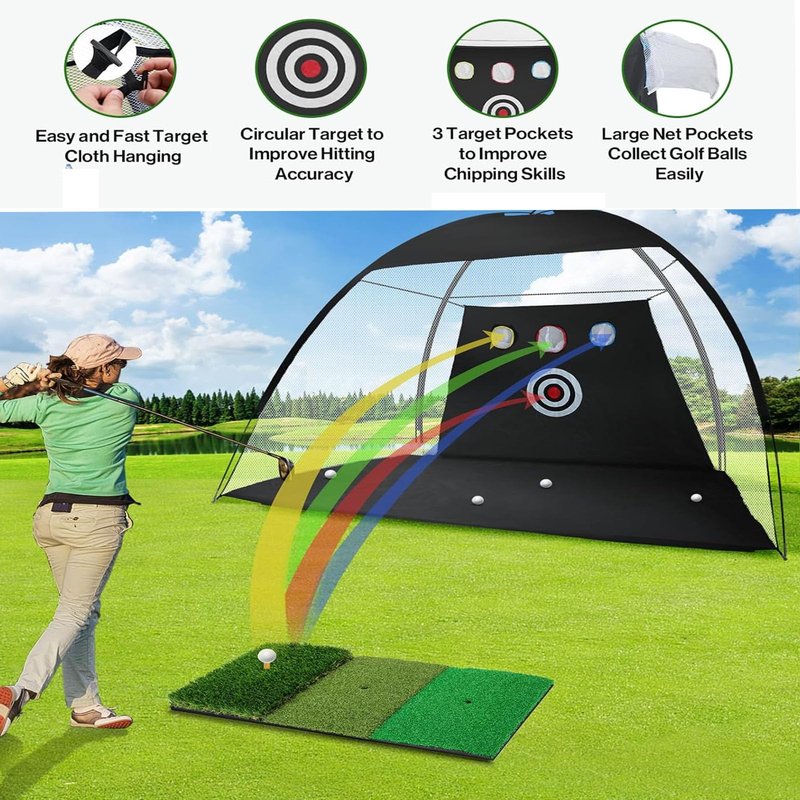 Golf Net, 10x7ft Golf Hitting Practice Net for Backyard Driving Chipping Indoor&Outdoor Swing Training Net with Base Hitting Mat, Target&Balls, Ideal Gift for Men Dad, Golf Lovers