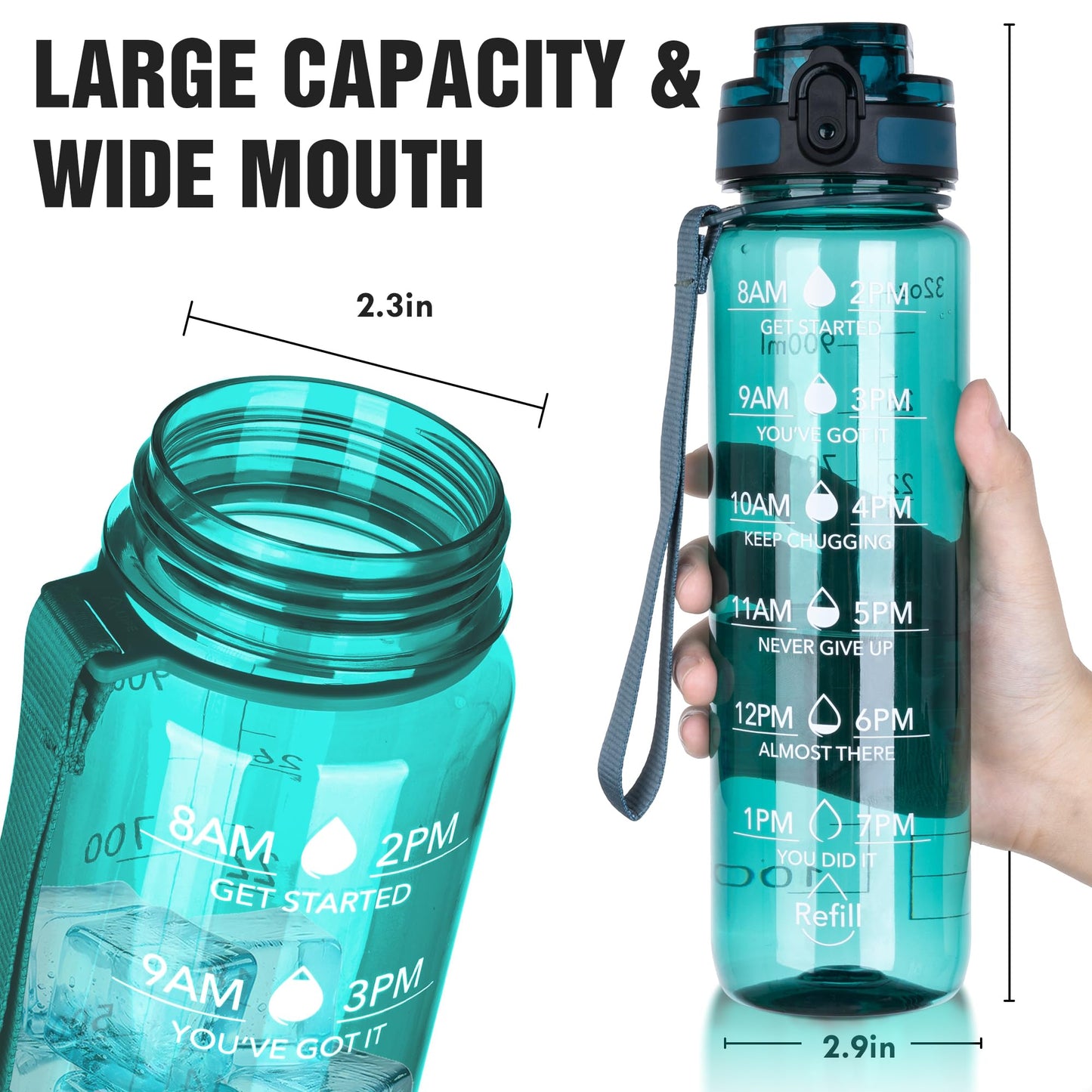 OLDLEY Water Bottle, 32oz Motivational Sports Water Bottle with Time Marker - Times to Drink - Tritan, BPA Free, Wide Mouth Leakproof, Anniversary Birthday Gifts for Men Women, Deep Sea (1 Bottle)