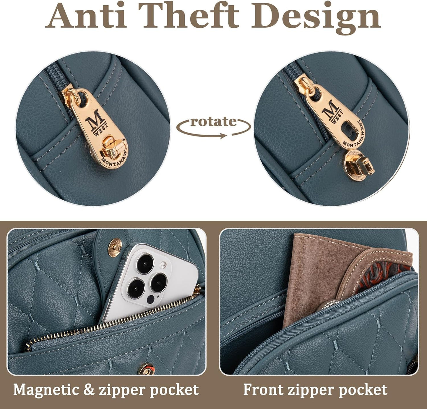 Montana West Anti-Theft Backpack Purse Set - 3Pcs Small Quilted Design for Women