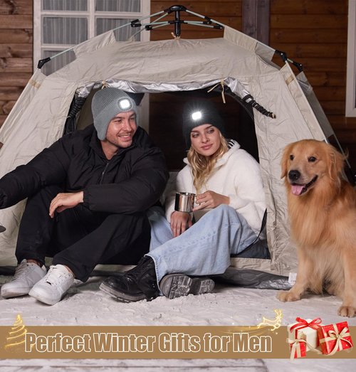 MELASA Winter Fleece Line LED Beanie with Earflap, USB Rechargeable Outdoor Warm Hats with The Light Gifts for Men Black