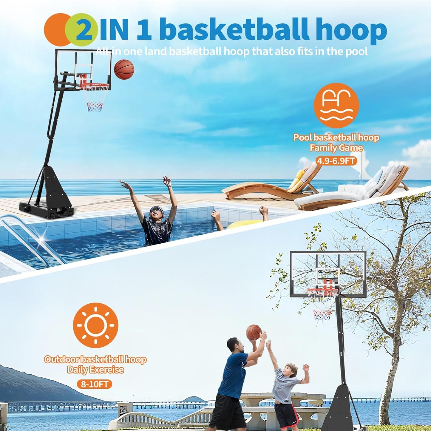 Skiennix Adjustable Basketball Hoop - 4.9-10FT Height with Mobile Stand & Weighted Base | Ideal for Youth & Adults