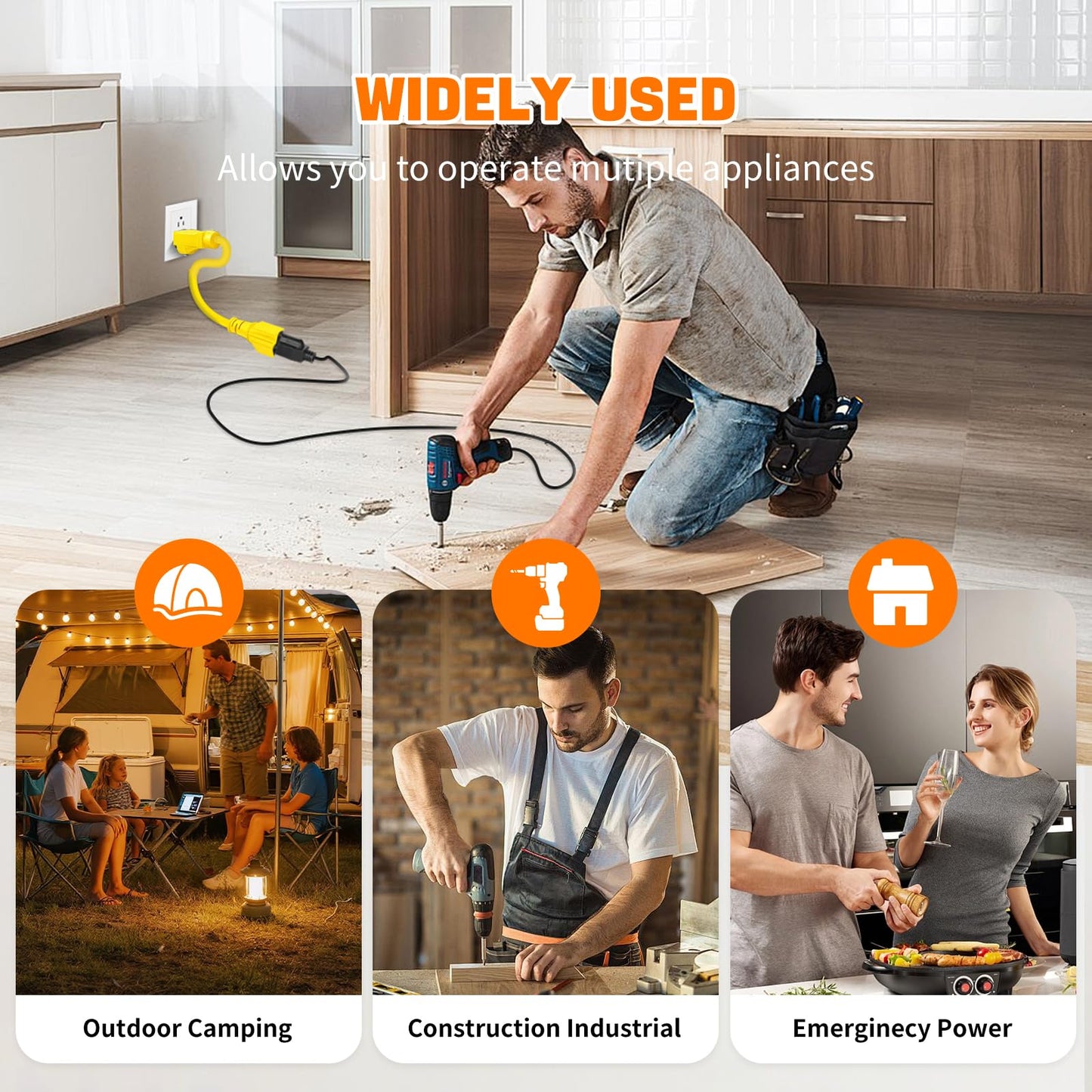 4-in-1 15 Amp to 20 Amp -1ft Extension Cable&Power Adapter， T Blade Adapter - 5-15P to 5-20R, 6-15R, 6-20R，12AWG AC Power Plug Adapter Cable